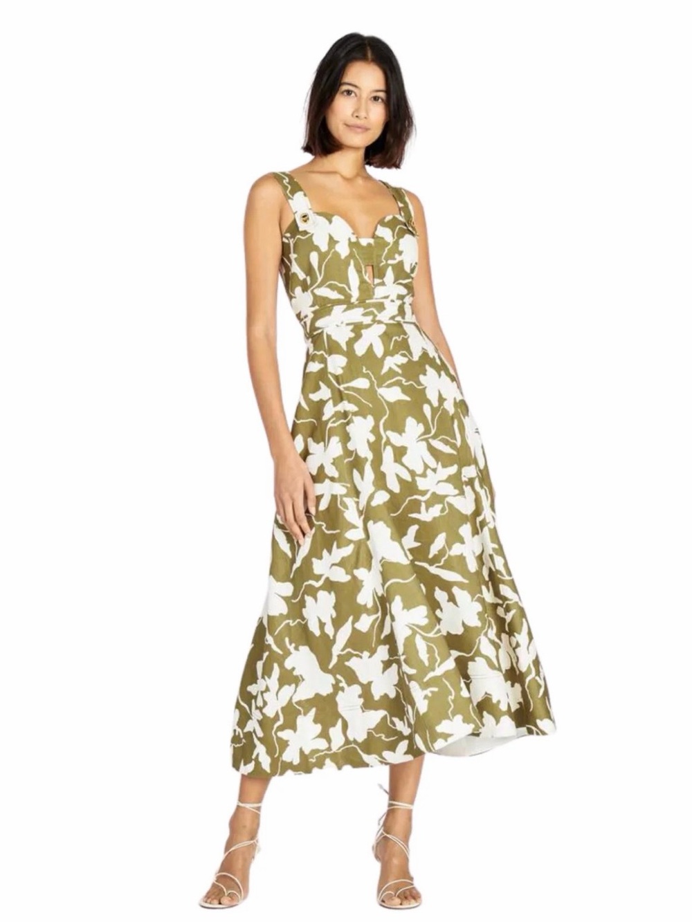NWT Tanya Taylor Everleigh Moss Chalk Olive and White Floral Midi Sun Dress Sz 4